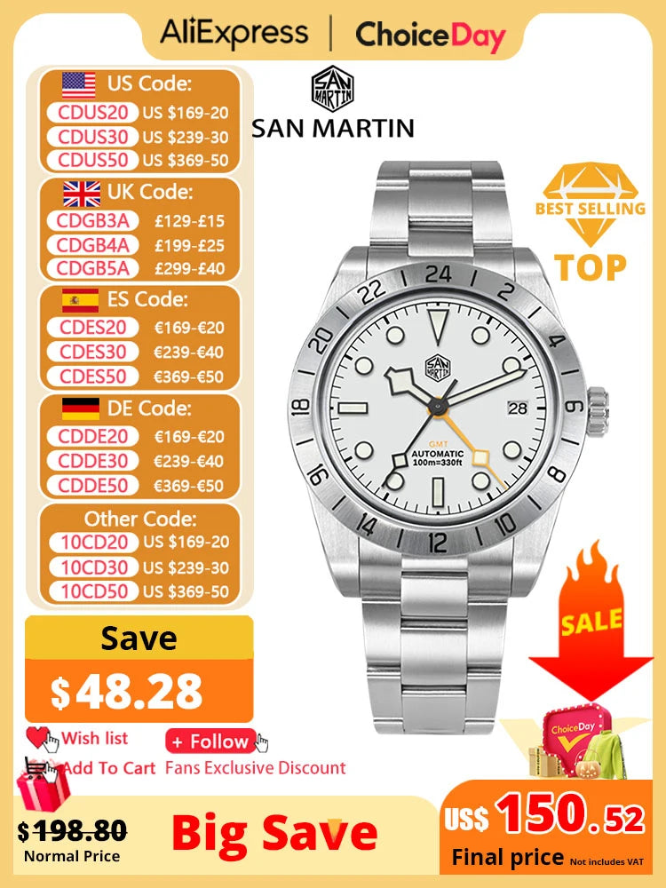 San Martin New 39mm Automatic Mechanical GMT Watch NH34 Stainless Steel Sport Watch Sapphire Luminous Waterproof for Men Relogio