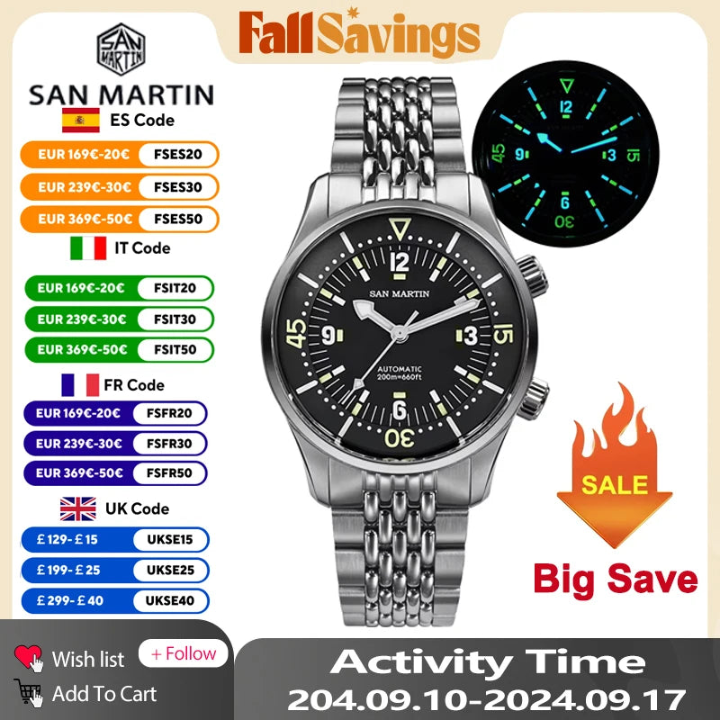 San Martin 39mm Leyenda Diver Watch NH35 Automatic Mechanical Movement AR Sapphire Luminous Waterproof 200m Watches SN0141W