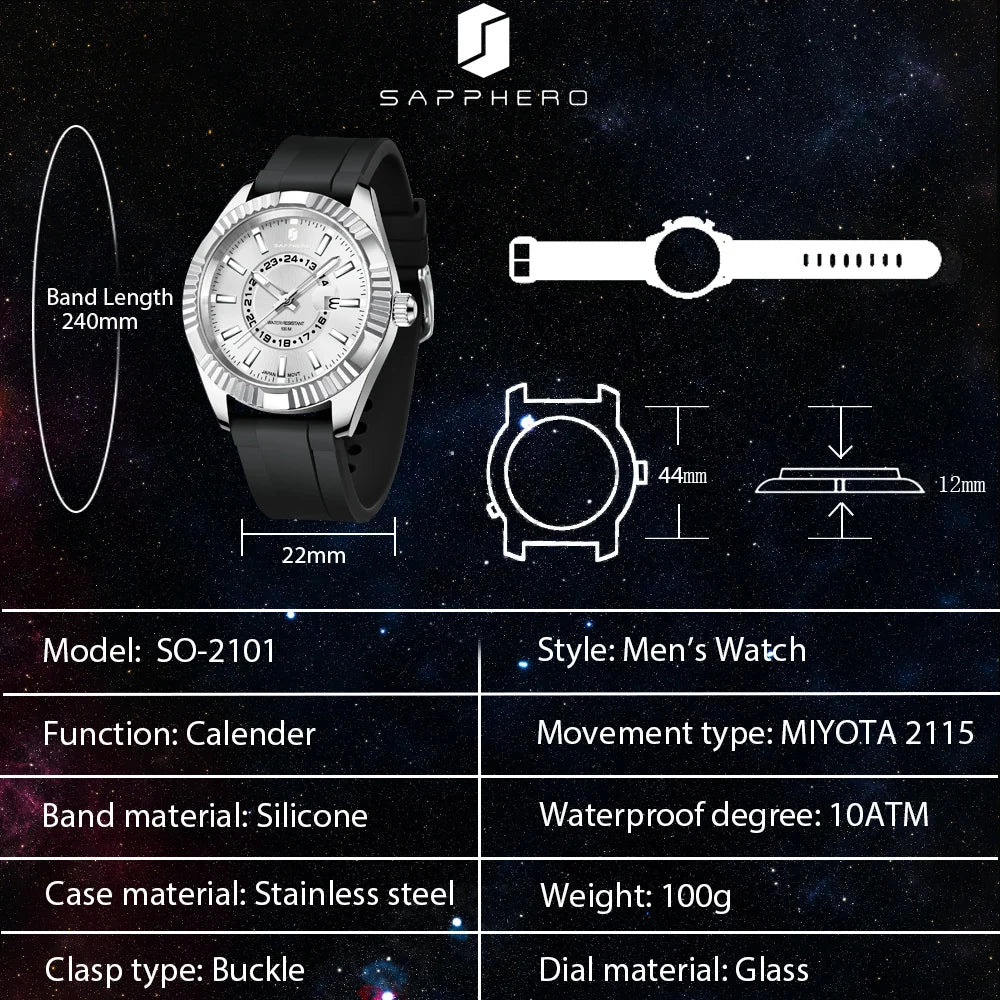 SAPPHERO Watch for Mens Stainless Steel Case MIYOTA Quartz Movement Wristwatch Silicone Strap 100M Waterproof Luminious Clock